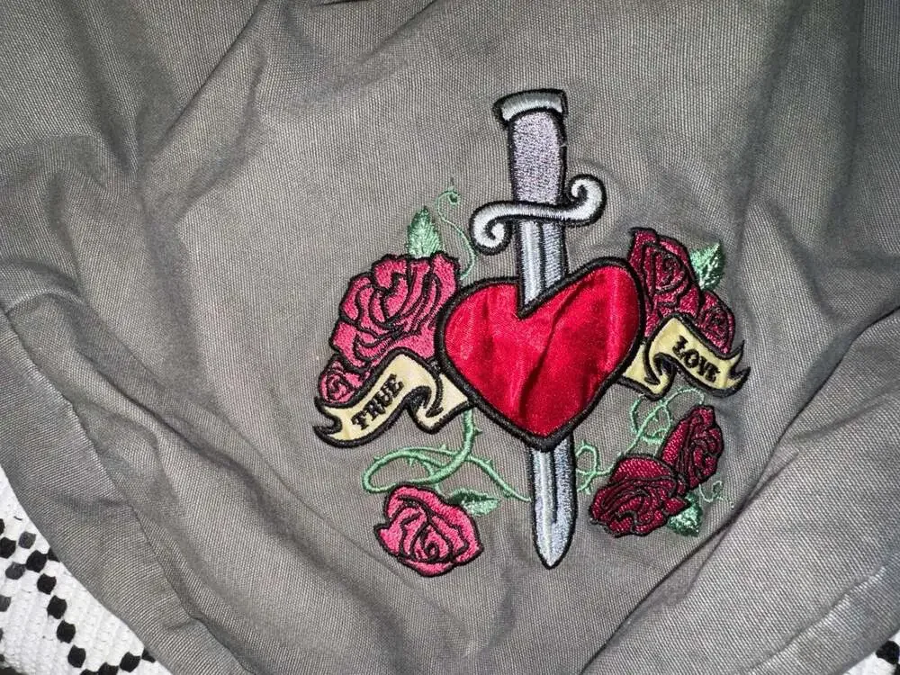Vintage Y2K Chateau Gray Hobo Bag Heart Dagger Roses Tattoo Embroidered Purse